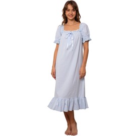 Nanxson Women's Victorian Cotton Nightgown Vintage Princess Style Sleepwear Long Lace Ruffled Loungewear (Large,Short Sleeve Blue)