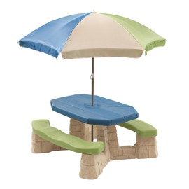 Step2 Naturally Playful Kids Picnic Table with Removable Umbrella, Indoor/Outdoor Toys, Fits 6 Children, Made of Durable Plastic, For Toddlers 3+ Years Old, Blue & Green