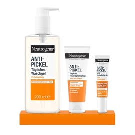 Neutrogena Anti-pimple set, daily wash gel, moisturiser and SOS immediate aid gel with salicylic acid for blemished skin. Care set for blemished skin for skincare routine