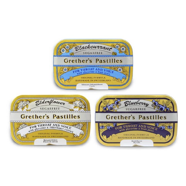 Grether's Sugarfree Pastilles Blackcurrant, Elderflower & Blueberry Natural Remedy for Dry Mouth Relief - Soothing Throat & Healthy Voice -Lasting Flavor, Breath Refresh - Gluten-Free - 3-Pack - 3.75 oz