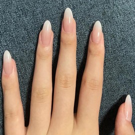 Pink Press on Nails Long Almond Fake Nails French Tip False Nails Nude Pink Spring Summer Cute Reusable Artificial Stick on Nails French Acrylic on Nails for Women Glue on Nails