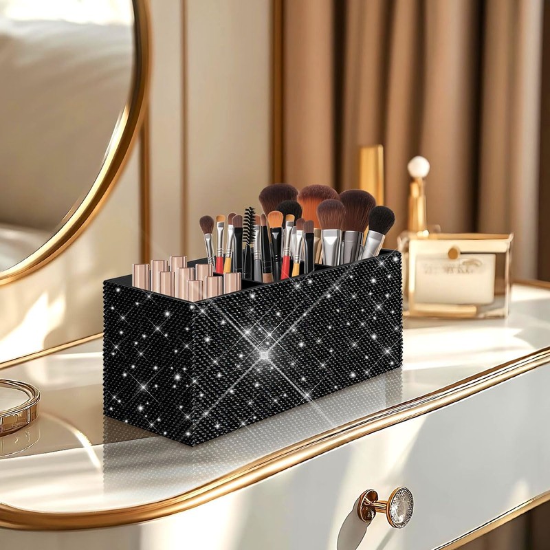 Bling Makeup Brush Holder Organizer, 3 Slot Sparkle Cosmetics Brushes