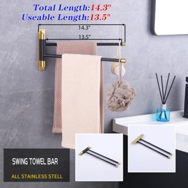 GERZWY Bathroom Swing Arm Towel Bars 2-Arm Wall Mount Stainless Steel Bath Towel Rack Hanger Towel Holder Organizer (Black & Gold) HYG02-BD