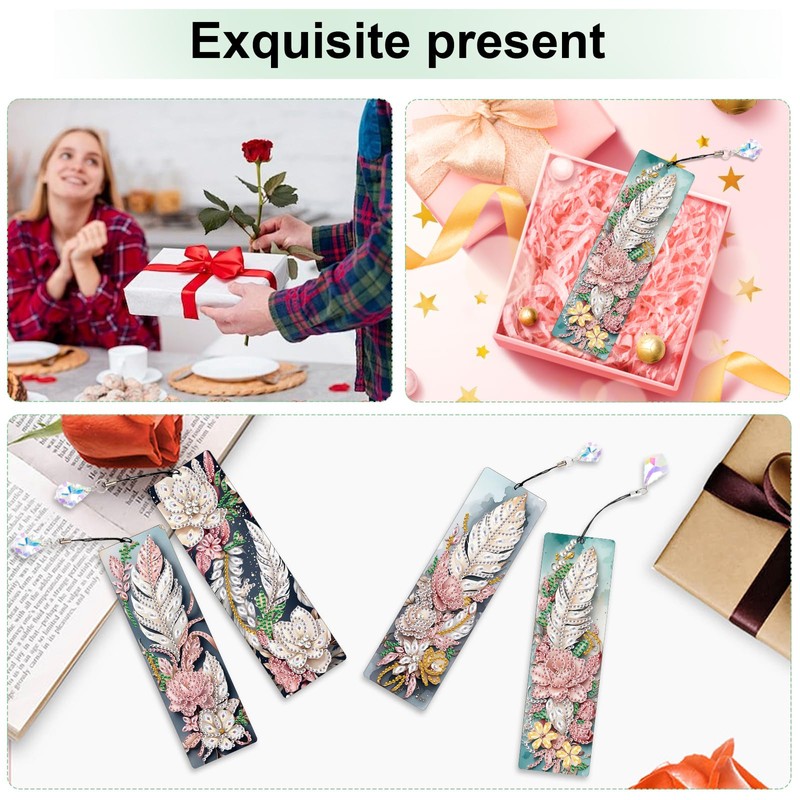 MVVMTOP 4pcs 5D Diamond Art Painting Bookmarks with Crystal Pendant,