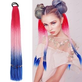 Colored Ponytail Braids Hair Extensions with Rubber Bands Red White Blue Ombre Pony Tail Synthetic Hairpieces 24 Inch Twist Braids Hair Accessories for 4th of July Parade Rave Crazy hair Day (1 Pack)