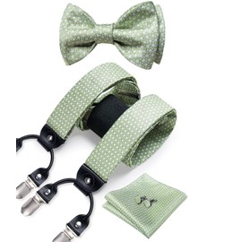 DiBanGu Suspenders and Bow ties for Men Formal 6 Clips Y-Shape Adjustable Suspenders Self Bow Tie Pocket Square Cufflinks Set, Sage Green