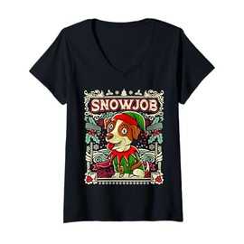 Womens Jack Russell Terrier Snow Dog Christmas Santa Claus Elf V-Neck T-Shirt