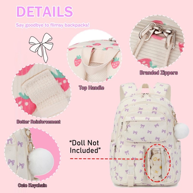 AUIVTY Corduroy Bow Backpack for Girls Teens School Bookbag with