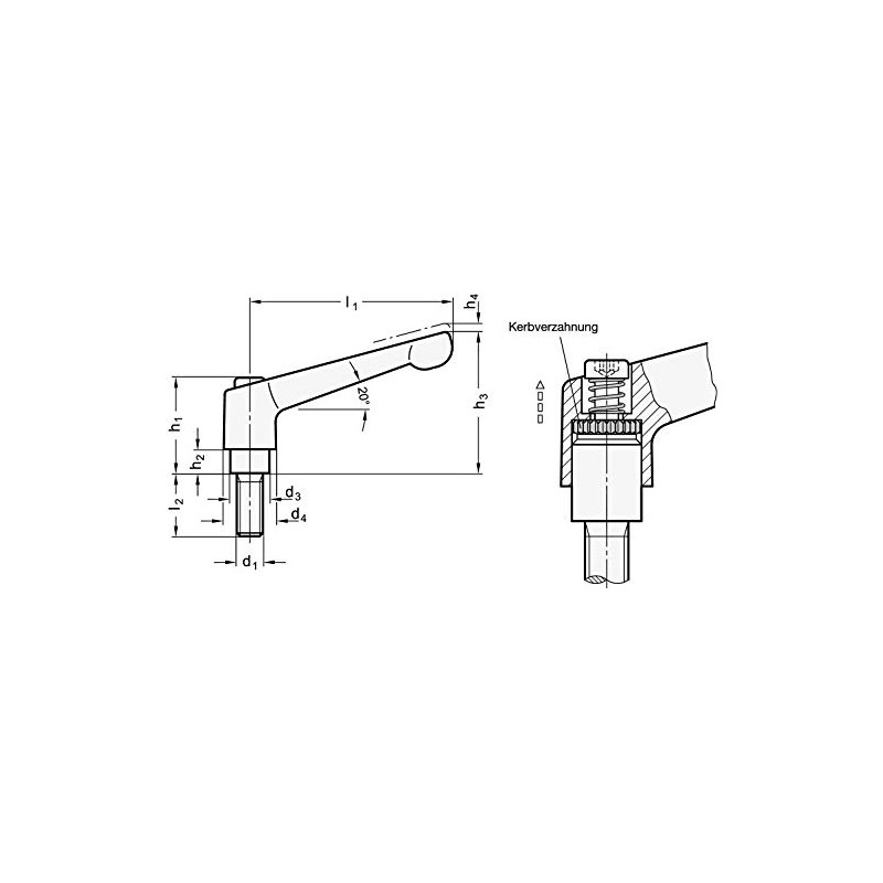 Adjustable clamping lever with external thread, black, M8 x 25
