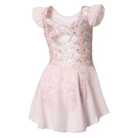 DIPUG Ballet Leotards for Girls Ballet Leotard with Skirt Toddler Dance Leotards Flutter Sleeve and Criss-Cross Back, Ballet Pink-prints, 2-4T