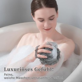 myHomeBody Large 70 g Loofah Sponge, Body Scrubber, Bath Sponge, Gentle Exfoliating Sponge, Body Cleansing and Shower Sponge with Activated Carbon, 2 Ultimate Grey + 1 Illuminating Yellow, Pack of 3