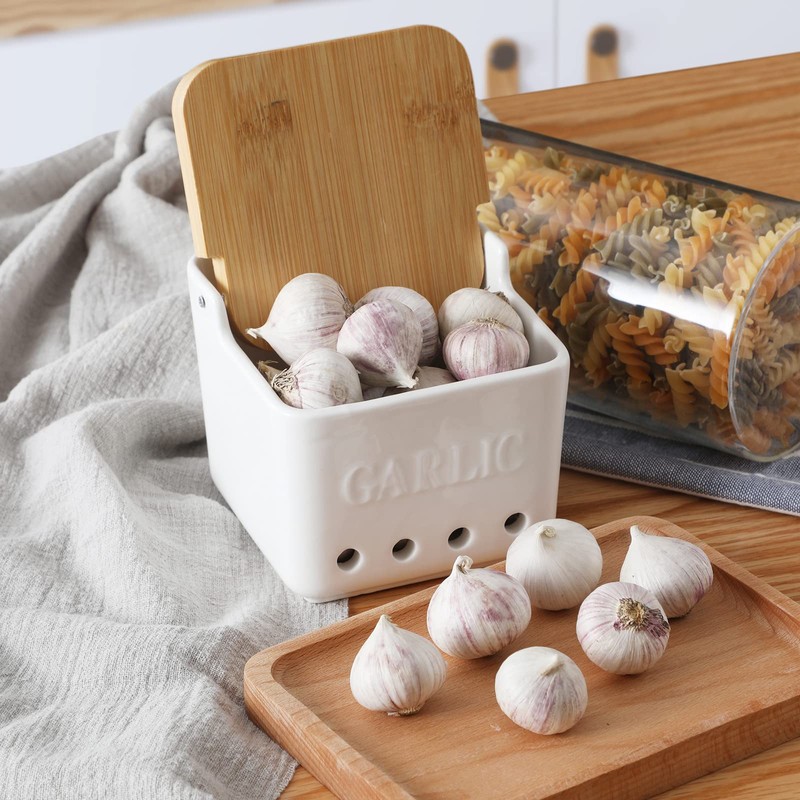 ONTUBE Garlic Keeper with Lid, Ceramic Garlic Holder Storage, Garlic