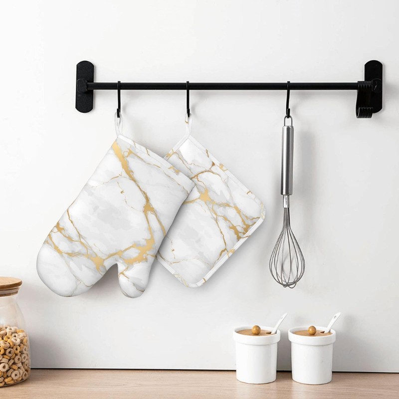 Oven Mitts and Pot Holders White Gold Marble Abstract Silicone