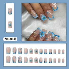 24pcs Medium Square False Nails - French White Tip Stick-on Blue Flower - Press-on Removable Glue-on Full Cover Fake Nail Art Accessories for Women Girls