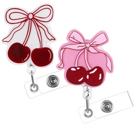 2Pcs Nursing Badge Reel Pink Bow Cherry Retractable Badge Clip Work ID Card Holder Cute Badges Holder with Alligator Clip for Nurses Medical Workers Nursing Student Teacher Accessories