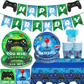 YMDOBIGER Video Game Party Decorations, Gaming Birthday Party Supplies with Plates Napkins Cups Banner Tablecloth Forks for Boys Gamer Birthday Decor, Serve 25