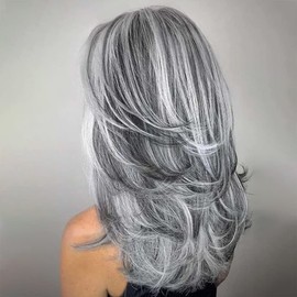 XIUFAXIRUSI XIUFAXIRUSI Grey Long Layered Wigs for Women Highlight Silver Wavy Gray Wigs Natural Synthetic Hair Wig for Daily Party Use