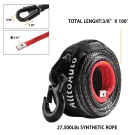 AlltoAuto Winch Rope with Hook, 3/8" x 100'-27,500lbs Dyneema Synthetic Winch Rope Line Cable with Protective Sleeve for Truck 4WD Off-Road Vehicle Winch Accessory Black