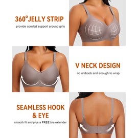 SINFLA V Neck Wireless Bras for Women No Underwire Seamless Bra Full Coverage No Wire Tshirt Bras (Brown,Medium)