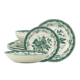 TUDOR ROYAL 12-Piece Porcelain Round Dinnerware Set, Service for 4, VICTORIA Green Design, Blue Floral, Plates Bowls Dishes, Premium Quality Tableware, Unique Pattern, Glossy