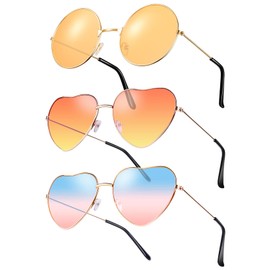 Forbabe 3 Pairs Heart Party Glasses, Metal Frame Heart Sunglasses Funny Sunglasses Orange Round Retro Costume Glasses Hippie Glasses for 60s 70s 80s 90s Party Accessories - Orange
