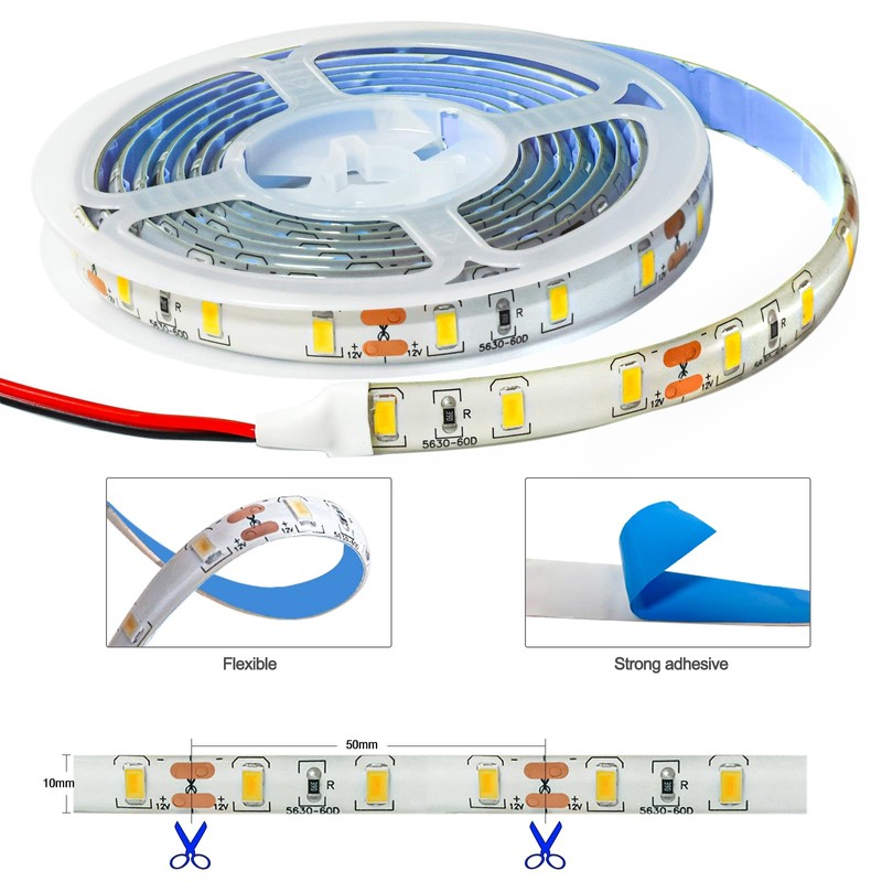 Tesfish 12V LED Strip, 2M SMD 5630 Warm White 3000K