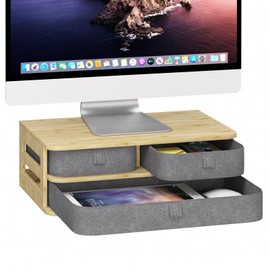 Elephance Monitor Stand Riser with 3 Drawers, Bamboo Computer Monitor Stand for Desk, Sturdy Desktop Stand with Storage, Desk Organizer for Computer Laptop Printer, No Assembly Required