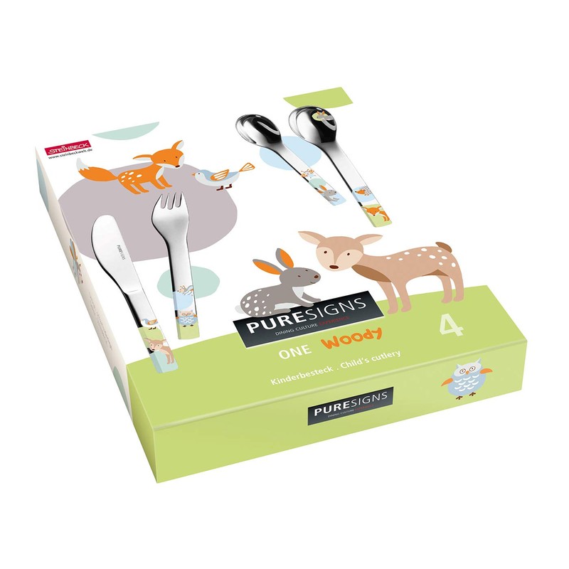 Puresigns WOODY Premium Kinderbesteck-Set: Ergonomisches 4-teiliges Edelstahlbesteck mit Waldtier-Motiven für