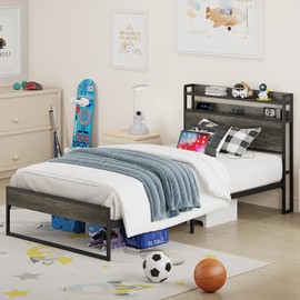 Elephance Twin Bed Frames with Charging Station and Storage Headboard, No Box Spring Needed, Noise Free, Easy Assembly