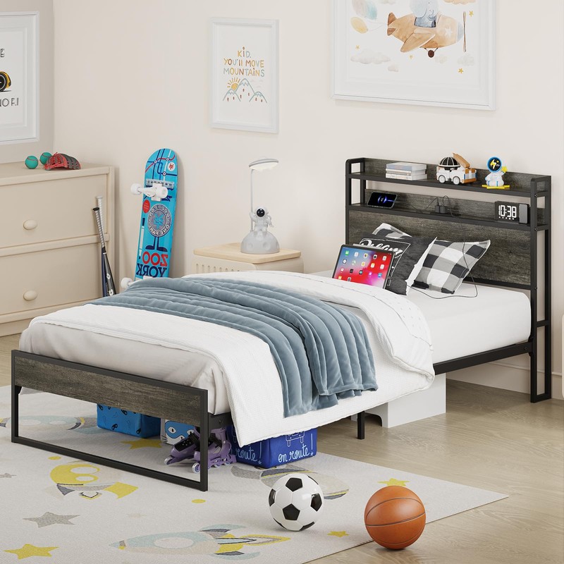 Elephance Twin Bed Frames with Charging Station and Storage Headboard,