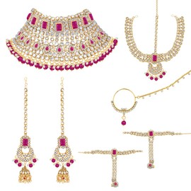 Aheli Indian Traditional Bridal Choker Necklace Matha Patti Nose Ring Haath Phool Earrings Bollywood Jewelry for Women