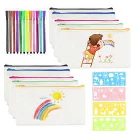 Megcdtr DIY Blank Fabric Bag, Pack of 10 Canvas Pencil Case for Painting with 12 Coloured Pencils, 4 DIY Painting Stencils and Sticky Notes, Fabric Pencil Case for Stationery Small Items (21 x 12 cm)