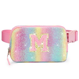 Cotmcor Kids Fanny Pack Glitter Waist Pack Initial Crossbody Bag Belt Bag for Girls Gifts Sparkly Cute Purse Rainbow M