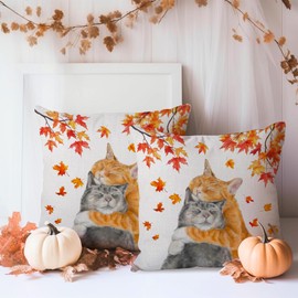 AOFANGGO Fall Pillow Covers 18x18 Set of 2 Autumn Themed Cuddling Cats Pet Decorative Throw Pillows Falling Leaves Outdoor Pillowcase Farmhouse Cushion for Couch Sofa Thanksgiving Home Decor