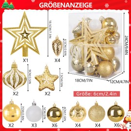 MTSCE 34-Piece Christmas Bauble Set - Christmas Tree Baubles Plastic Tree Decoration with Gold Christmas Tree Topper Stars Pine Cones Christmas Tree Decoration Christmas Decoration Indoor