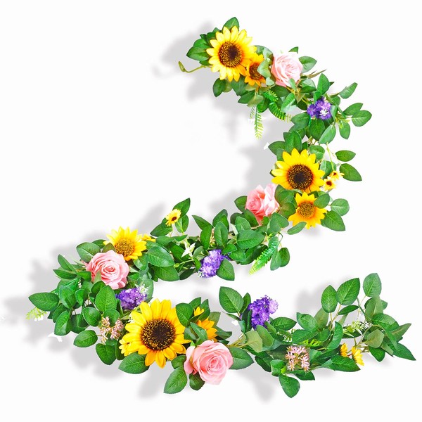 Naidiler Flower Garland, Rose Floral Garland for Boho Birthday Decorations Wedding Arch Decor, Fake Sunflower and Rose Vines for Spring Mantle Garlands, Sweetheart Table Decoration