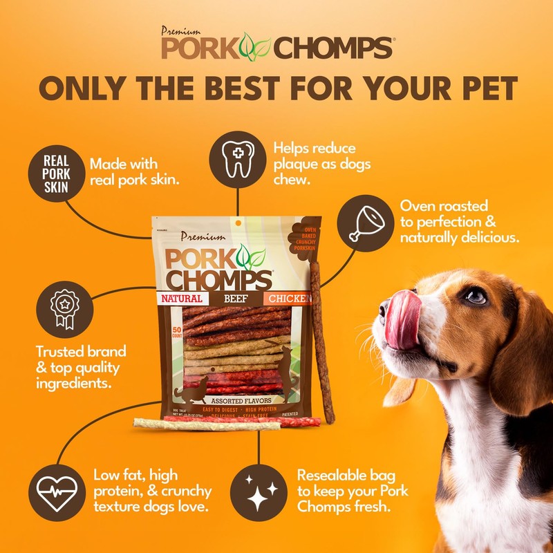 Pork Chomps Dog Chews, 5-inch Munchy Sticks, Assorted Flavors, 50