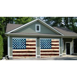 DORCEV 7x8ft Wood American Flag Garage Door Decor Vintage Red Blue Star Stripes Flag Garage Door Cover Independence Day Veterans Day 4th of July Patriotic President's Day Garage Door Decor