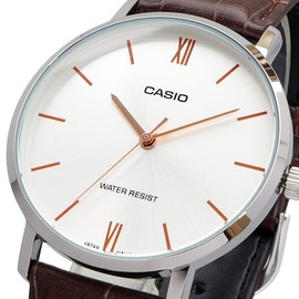 Casio MTP-VT01 Series Quartz Men's Watch, Silver x Brown Leather MTP-VT01L-7B2