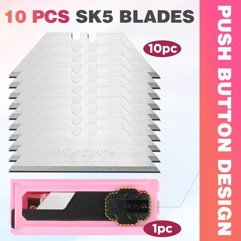 WORKPRO Folding Utility Knife, Quick Change Box Cutter, Pink Razor