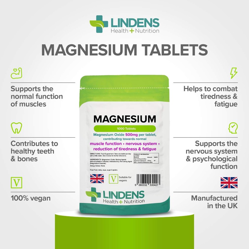 Lindens Magnesium Tablets 500mg, 1000 Tablets - Reduces Tiredness &