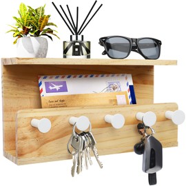 SAUNNIHEN Wooden Key Rack with Shelf, Large Key Holder Wall with 5 Key Hooks, Sturdy Key Board for Living Room, Office, Entrance, Fur, Drilling