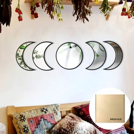 Wall Decor Moon Phase Mirror Set, 5 Piece Scandinavian Natural Acrylic Wall Decorative Bohemian Home Decor Mirror for Living Room Bedroom Apartment Flat