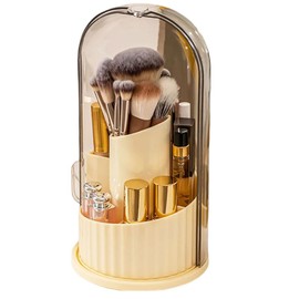 360° Rotatable Luxury Makeup Storage Case, Dustproof, Large Capacity Makeup Brush Storage Tube, Desktop Pen Holder (Yellow)