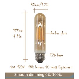 CTKcom T10 E26 Amber LED Light Bulb,Smooth Dimmable T10 Tubular Edison Light Bulbs,4 Watt 120V 2200K Warm White 320 lumens Vintage Edison Light Bulbs 40 Watt Equivalent,4 Pack