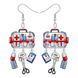 BAMAY Acrylic Funny Nurses Day Medical Bag Kit Box Earrings Scissors Pills Dangling Nurse Appreciation Gifts for Women Medical Assistant Nursing Graduation Jewelry (Red)