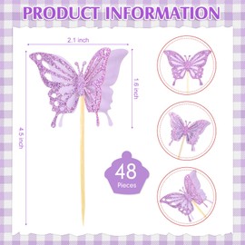 Chinco 48 Pcs Butterfly Cupcake Toppers Assembled Double Layer Cupcake Topper 3D Glitter Cupcake Topper Butterfly Cocktail Pick Decoration for Baby Shower Birthday Wedding (Glitter Purple,Retro Style)