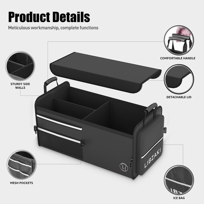 LIBZAKI Car Trunk Storage Organizer, Multi Compartment Collapsible Trunk Storage
