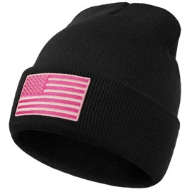 American Flag Embroidered Beanie Winter Hat for Men Women, Multi-Season Military Tactical Gear Police Army Winter Warm Hat, Black-pink, One Size