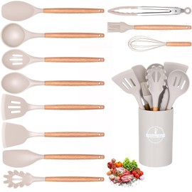 Utensilios de Cocina de Silicona, Juego de 12 Herramientas de Cocina Antiadherentes Resistentes al Calor，Viene con espátula/cuchara/agitador/clip, etc., adecuado para utensilios de cocina. (blanco)